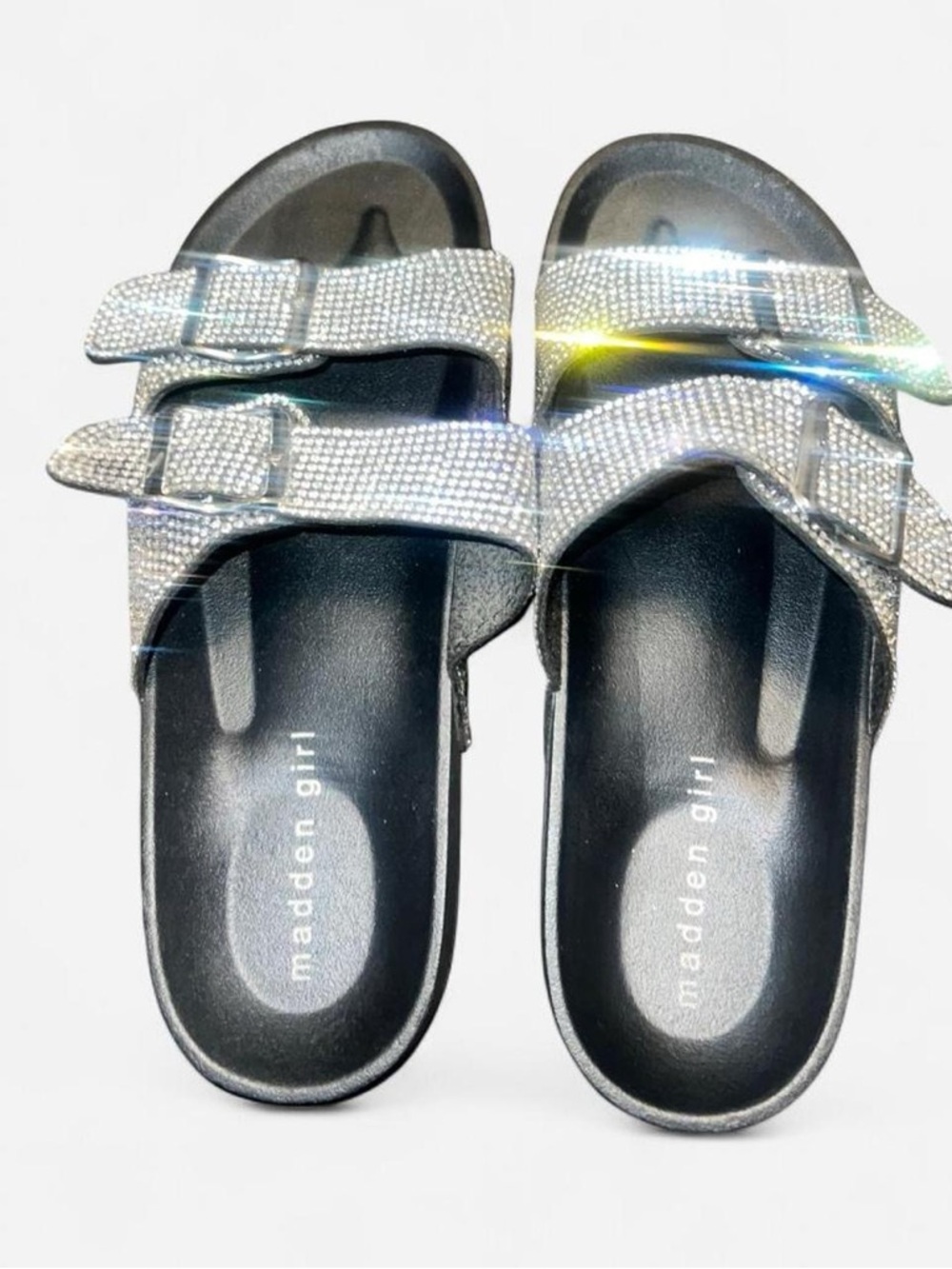 Madden Girl Silver Crystal Double-Buckle Slide Sandals size 8
